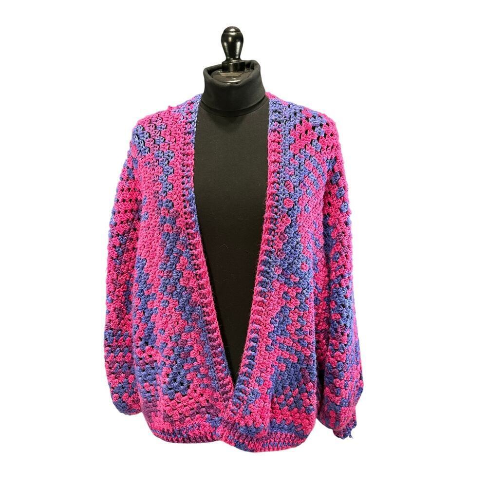 Hand Knit Pink / Purple open front cardigan with full sleeves Womens Sz L/XL